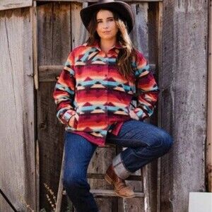 Outback Trading Company Scarlett Button Up Fleece Shacket Western Aztec Print M